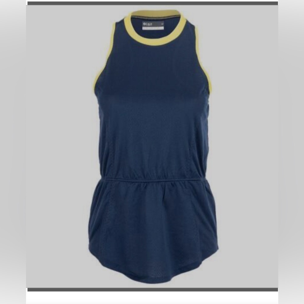 NWT  LIJA STYLE clutch tennis tank Navy Blue Sleeveless with Yellow Trim